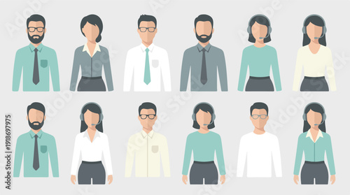 Diverse business professionals and customer service avatars in flat design