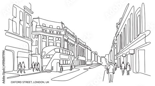 Foto Continuous line art of London's Oxford Street with double-decker buses