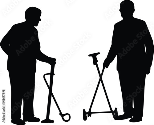 Black silhouette collection of diverse people walking holding hands with children and person in wheelchair or with crutches for inclusive community