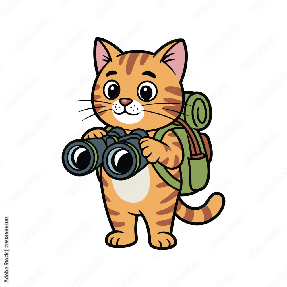 Fototapeta premium A cartoon cat with a backpack holds binoculars, ready for adventure.