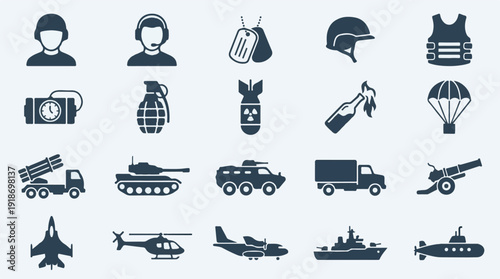 Military and Warfare Icons Set: Army, Navy, Air Force Equipment Symbols