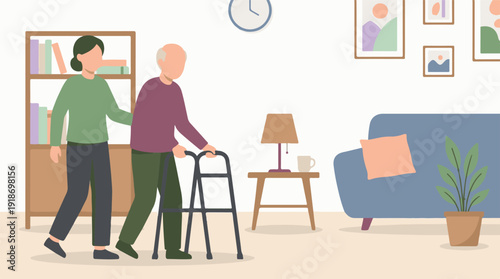 Caregiver assisting elderly man with walker in a comfortable home setting