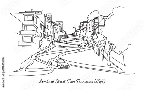 Famous crooked Lombard Street in San Francisco California featuring winding road and Victorian houses in minimalist continuous line art.