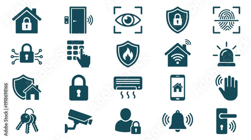Modern Smart Home Security and Automation Technology Icons Set