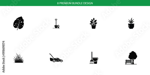 Black Silhouette Gardening Tools and Plant Icons Set Isolated on White Background
