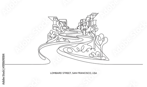 Famous crooked Lombard Street in San Francisco California featuring winding road and Victorian houses in minimalist continuous line art.