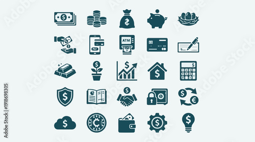 Finance and Business Icon Set: Money, Banking, Investment, Payment, Security