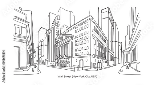 New York Stock Exchange on Wall Street in NYC featuring historic financial district architecture in a single continuous line drawing.