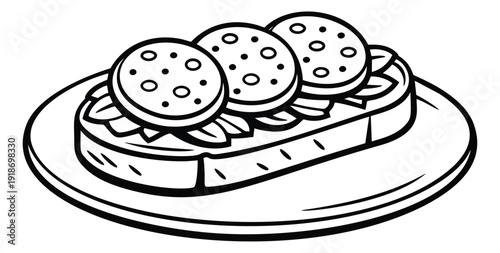 Line art illustration of an open sandwich depicting salami and lettuce for a snack menu