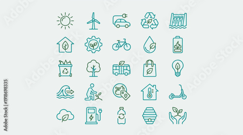 Green energy and sustainability line icons set on light background