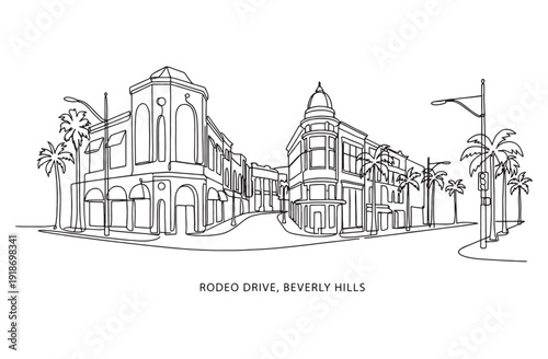 Luxury shopping at Rodeo Drive in Beverly Hills Los Angeles featuring palm trees and high-end storefronts in continuous line art.