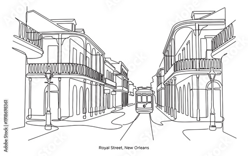 Historic Royal Street in New Orleans French Quarter in continuous line art.