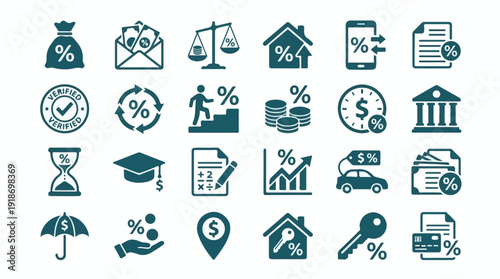 Finance and Business Icon Collection with Percentages, Loans, and Investments