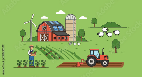 A vibrant illustration of a modern farm featuring a barn with solar panels, a silo, a farmer tending crops, a tractor plowing a field, and sheep grazing.