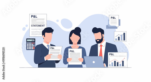 Business people analyzing profit and loss statement documents.