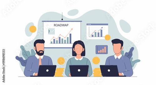 Business people attending a meeting with laptops and a roadmap presentation.