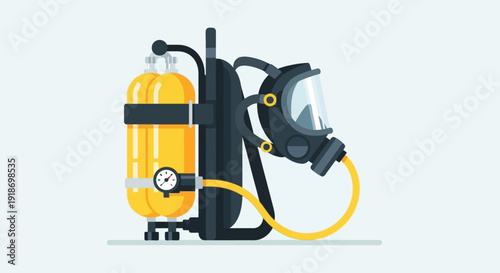 A gas mask and oxygen tank are connected and ready for emergency response