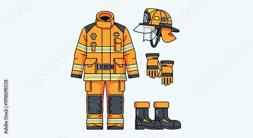 Firefighter's protective gear including helmet, gloves, boots, and uniform displayed together