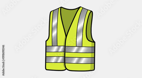 Illustration of a neon yellow safety vest with reflective strips on a plain white background viewed from the front