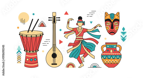 Vibrant illustration showcasing diverse cultural elements including traditional musical instruments, a dancer, and decorative artifacts.