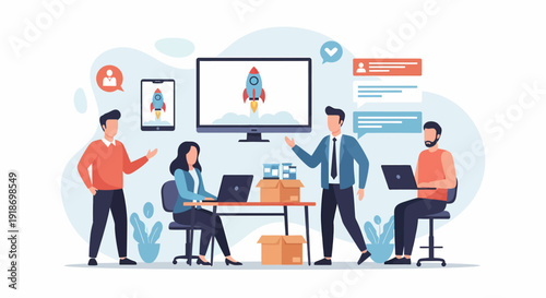 Business people collaborate on a startup project launch in a modern office setting.