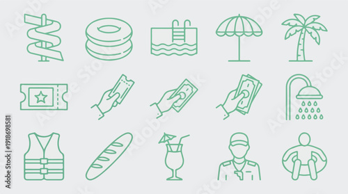 Water Park and Summer Vacation Activities Line Art Icons Set