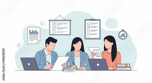 Business people collaborating in a meeting working on projects and planning strategies.