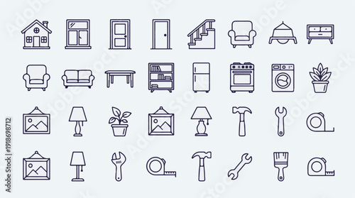 Home Furniture Appliances and Tools Line Icons Set