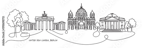 Berlin Germany skyline featuring Brandenburg Gate and Berlin Cathedral in a modern single line drawing art style.