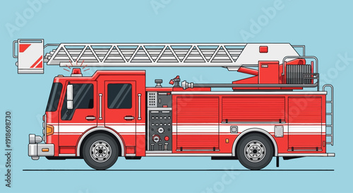 Red fire truck with extended ladder on a light blue background viewed from the side