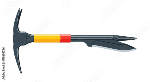 A detailed illustration of an ice axe with a black pick and yellow and red handle on a plain background