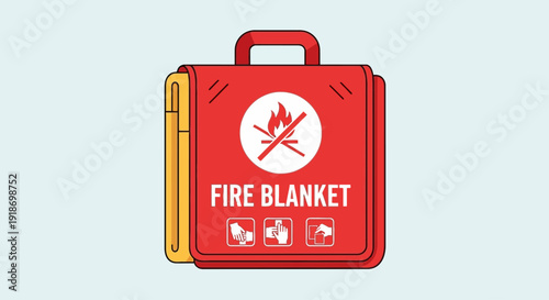 Illustration of a red fire blanket kit with a flame symbol on a white background