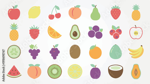 Set of colorful cartoon style fruits, berries, and vegetables