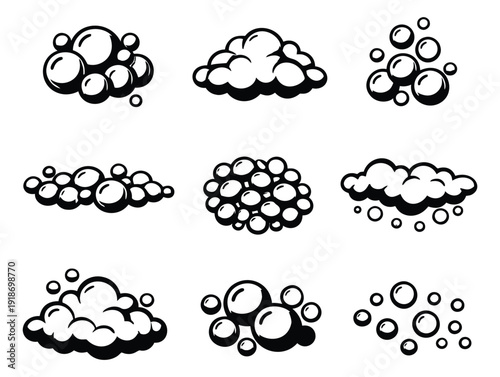 Line art bubble and foam set featuring various suds and lather for cleaning and hygiene concepts
