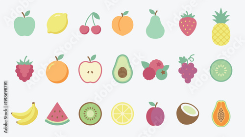 Collection of colorful flat design fruit icons on white background
