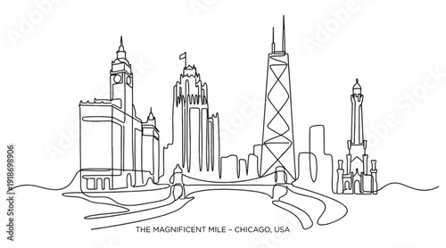 Chicago Magnificent Mile skyline including Hancock Center and Water Tower in a minimalist continuous line art style.