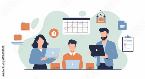 Business team collaborating on a project with laptops.