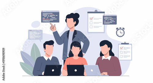 Business team collaborating on a project with a leader guiding them.