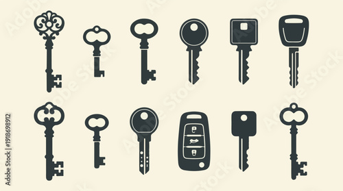 Assortment of old and modern keys, house keys, and automotive remote