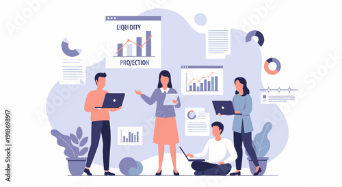 Business team collaborating on data analysis and financial reports.