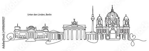 Berlin Germany skyline featuring Brandenburg Gate and Berlin Cathedral in a modern single line drawing art style.