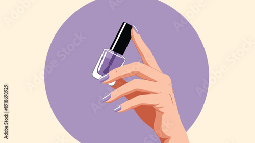 Elegant hand with purple manicured nails holding a bottle of clear nail polish inside a purple circular frame.