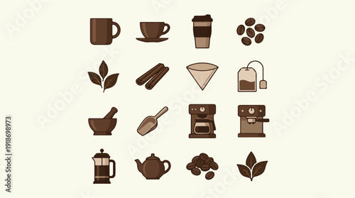 Collection of Coffee and Tea Related Icons for Beverages and Preparation