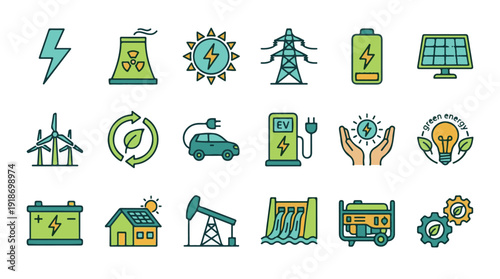 Energy sources, renewable power, and sustainability vector icons collection
