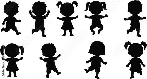 Collection of diverse children silhouettes playing and jumping in black vector icons isolated on white background for childhood education and school activities design