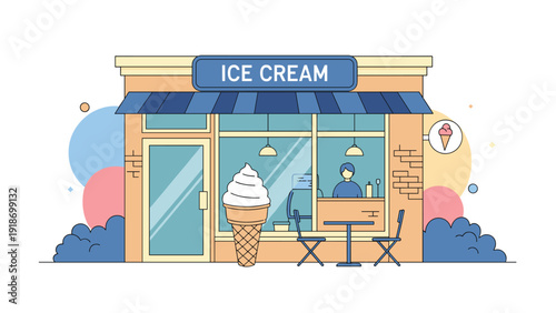 Charming storefront of an ice cream shop with a large cone sign tables and chairs outside in a vector style.