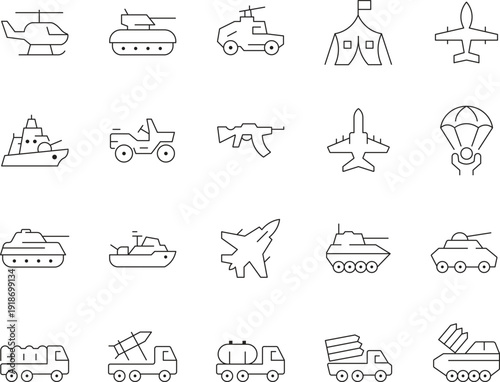 Military Vehicles and Army Equipment Thin Line Icon Set Vector Collection