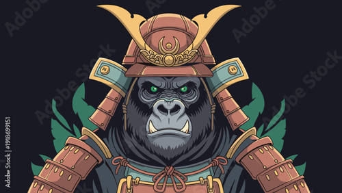 Powerful gorilla character wearing traditional japanese samurai armor and a helmet with a stern expression.