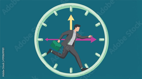 Businessman Running Inside a Clock, Symbolizing Time Management and Urgency