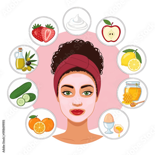 Woman with a pink face mask surrounded by natural ingredients for homemade skincare remedies.